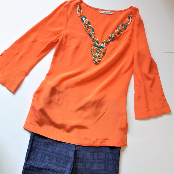 👚Trina Turk  100% Silk Orange Beaded V Neck Tunic Top Blouse - Picture 4 of 14